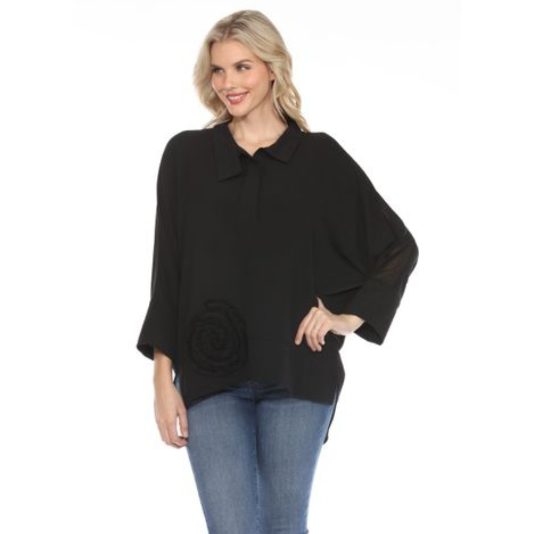 BLOUSE NOIR AVEC ROSETTE