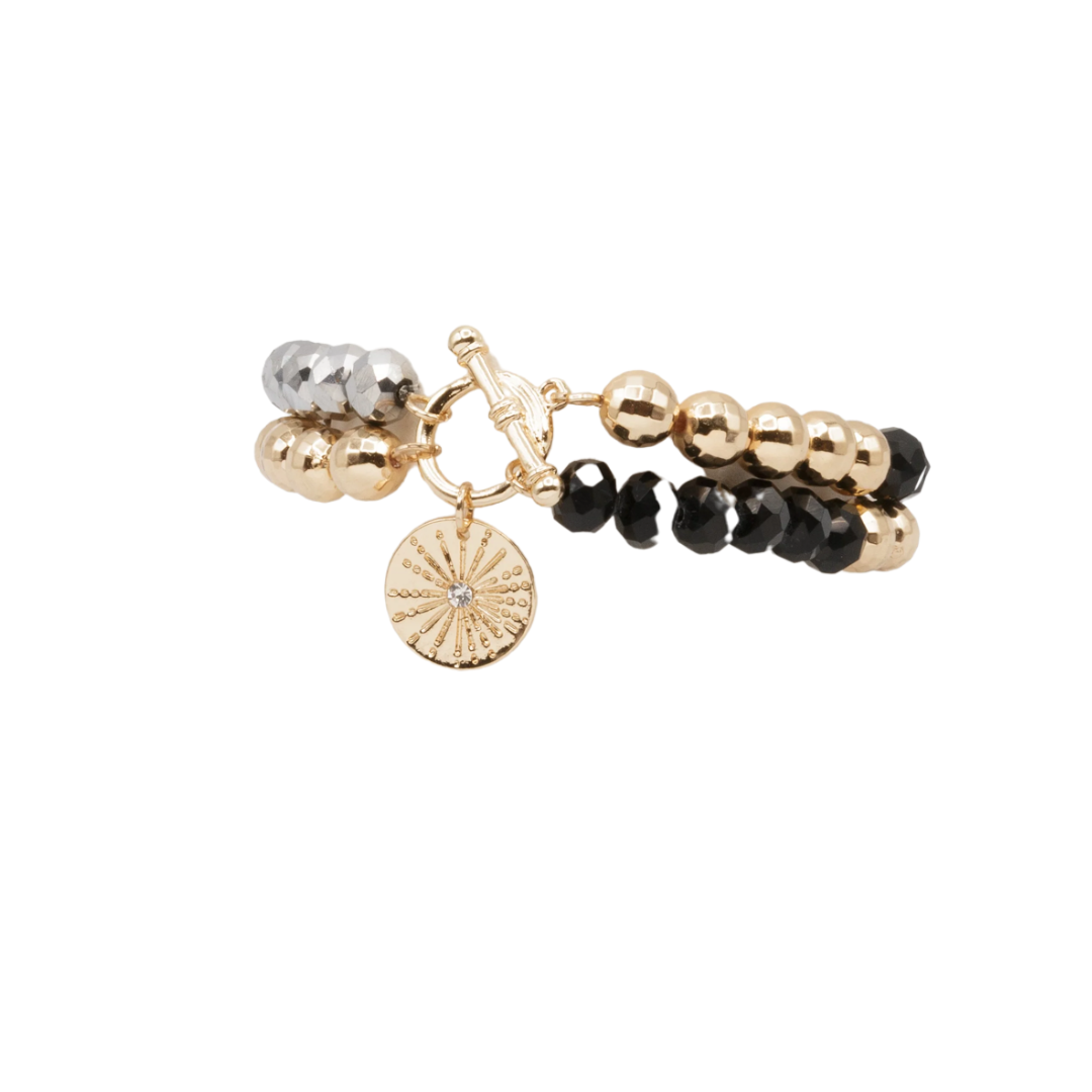 BRACELET ÉLASTIQUE 2 RANGS. PERLES ET CHARME EN VERRE ET EN MÉTAL CARACOL