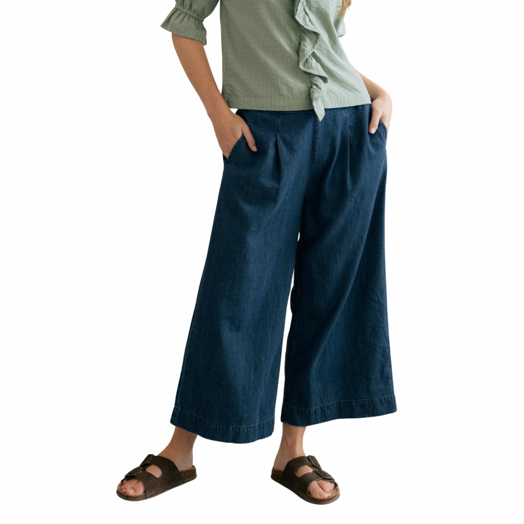 PANTALON PALAZZO D'ÉTÉ À JAMBES LARGES EN DENIM DE COTON